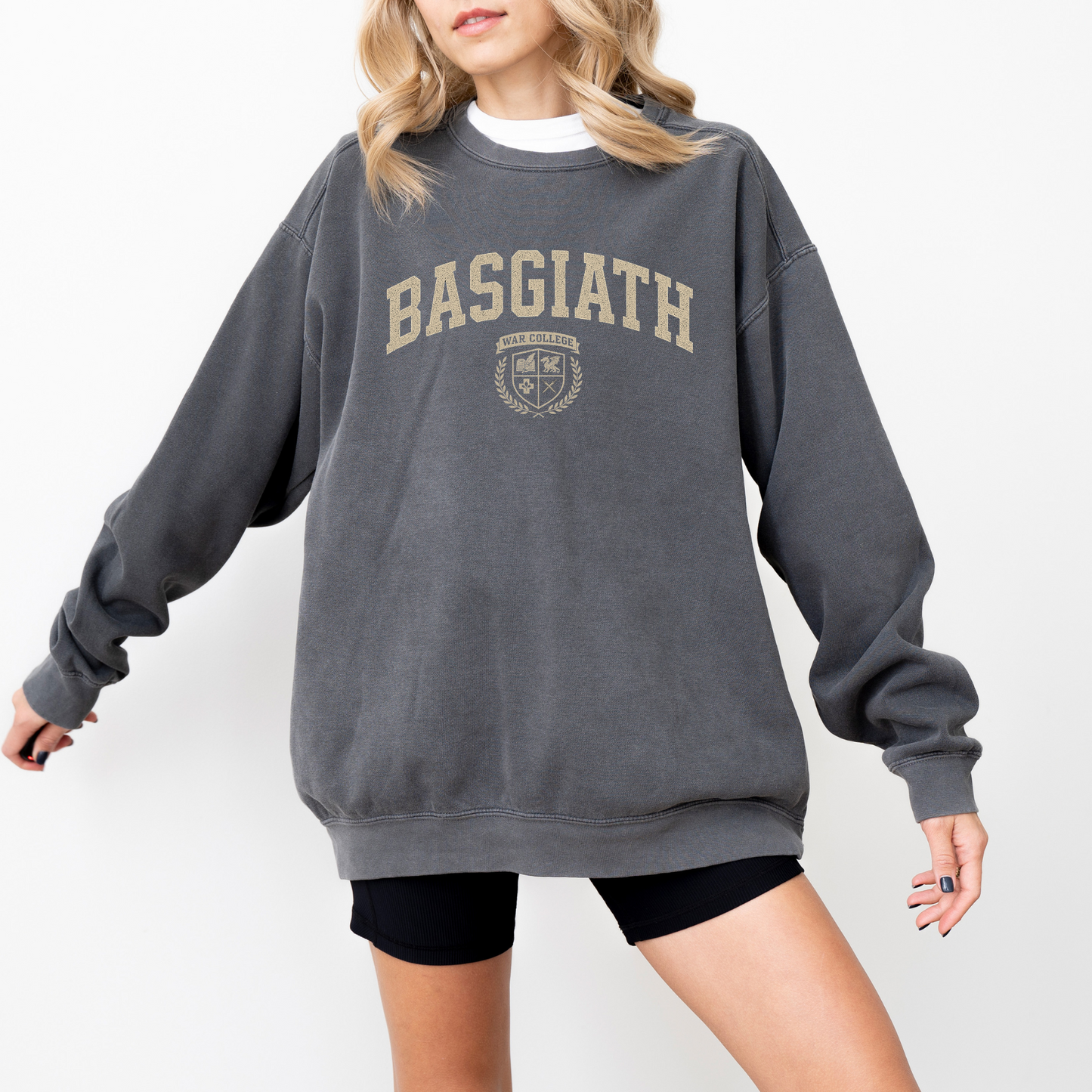 Basgiath War College crewneck sweatshirt – Fourth Wing fan apparel styled for Riders Quadrant aesthetic and Xaden Riorson readers