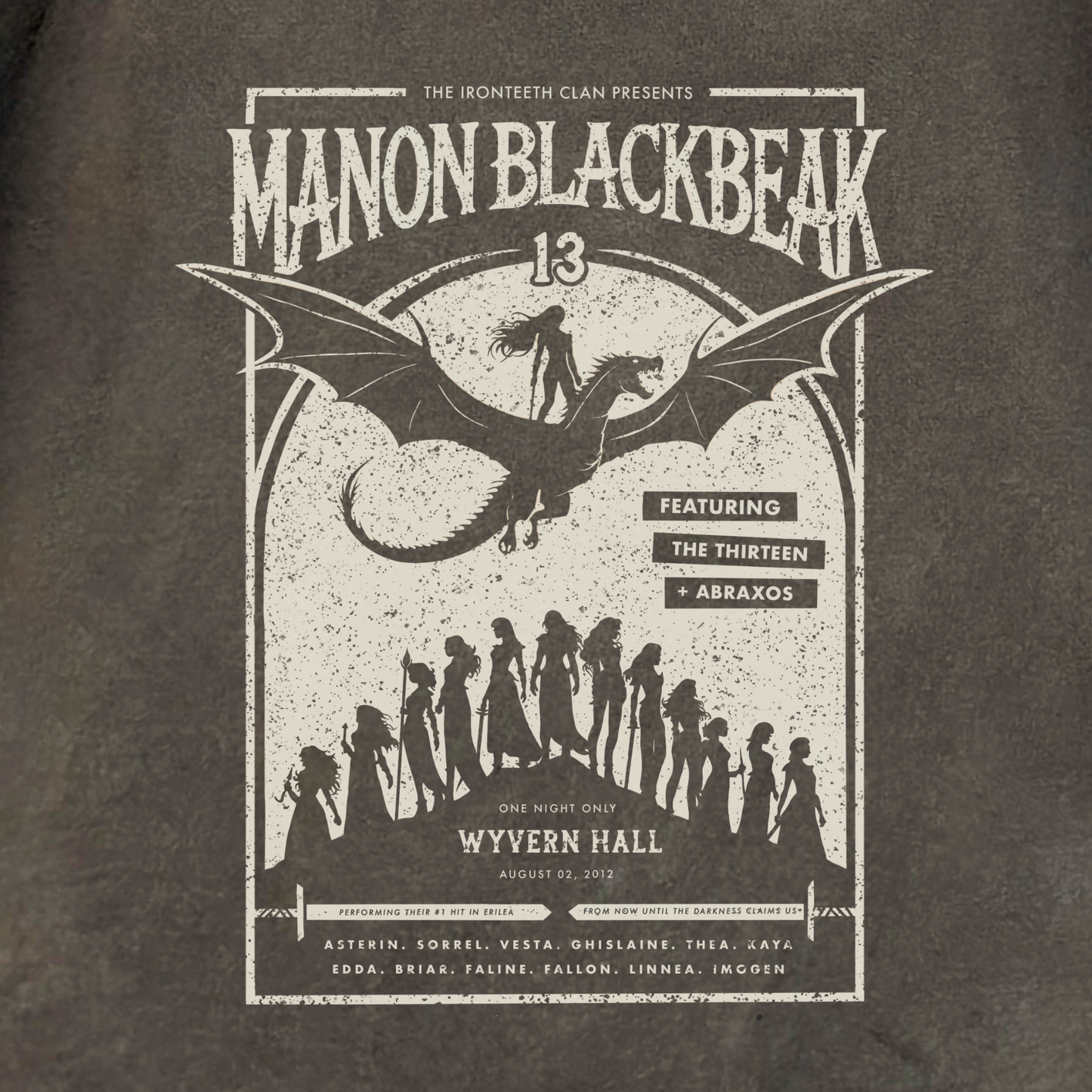 Vintage tour-style graphic featuring Manon Blackbeak riding Abraxos with the Thirteen – Throne of Glass inspired t-shirt design