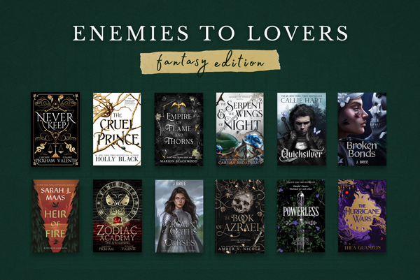 Covers of fantasy books with enemies to lovers romance, including Throne of Glass, Zodiac Academy, and The Cruel Prince
